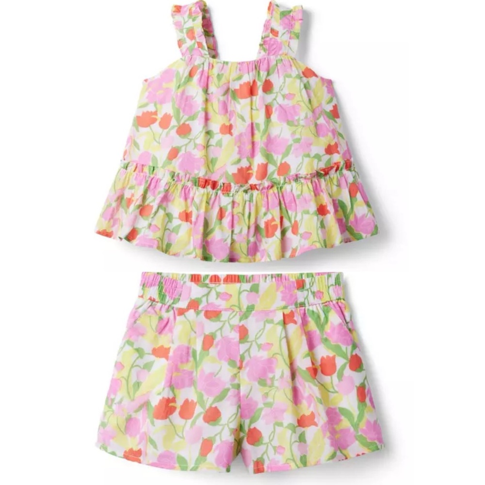 JANIE & JACK VGUC 100% Cotton Tulip Print Peplum Blouse Elastic Shorts Set